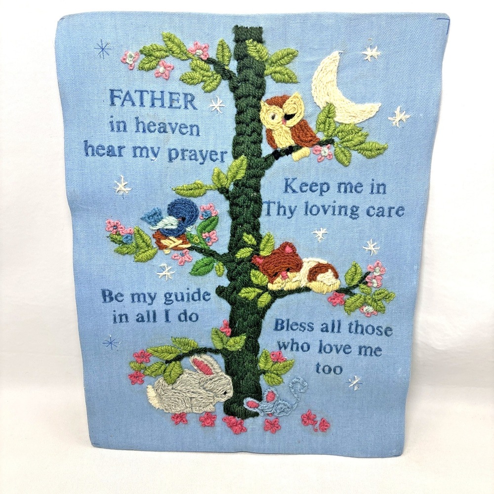 Crewel Vtg Completed Embroidery Father in Heaven Prayer Nursery Wall Art 70s